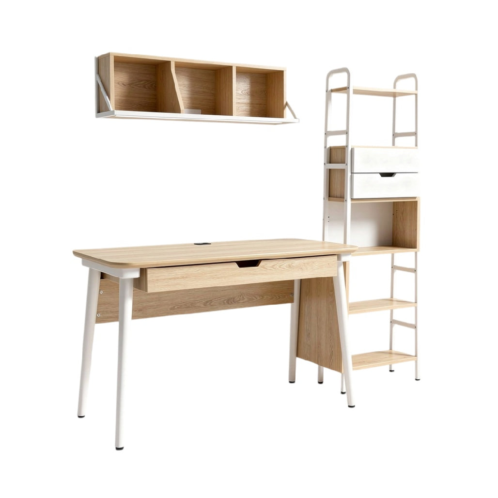 **Espace de travail moderne avec bureau en bois et étagère décorative**